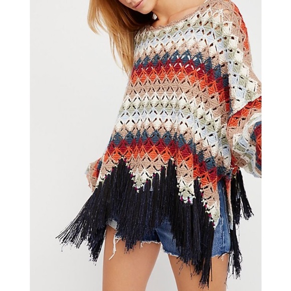 Free People Sweaters - Free People•Striped Boho Poncho with Fringe•NWT